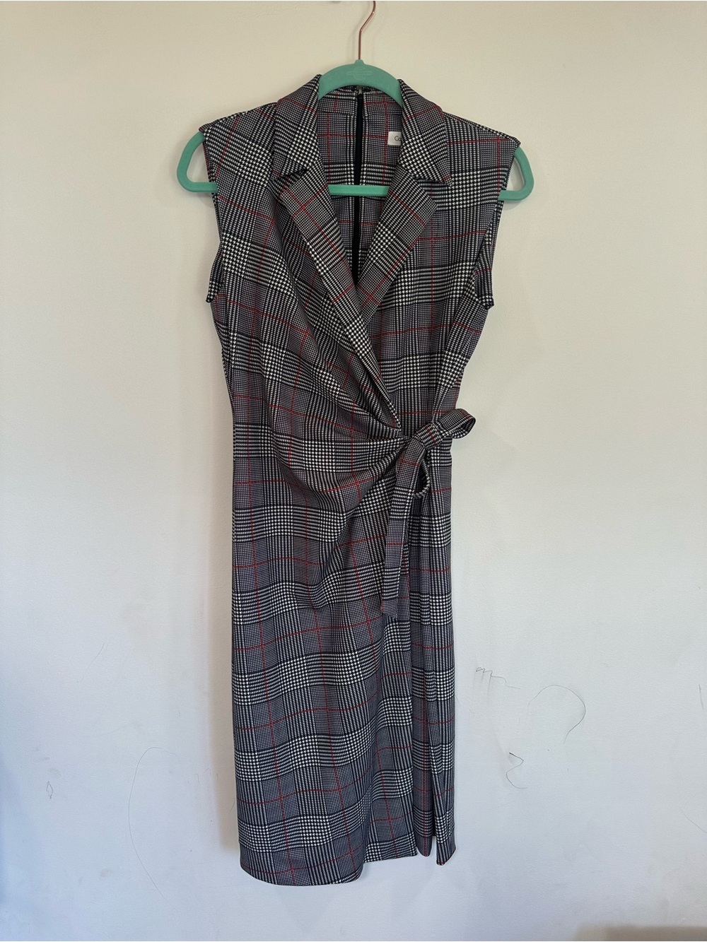 Calvin Klein Sleeveless Plaid Midi Wrap Dress in Gray with Red Windowpane